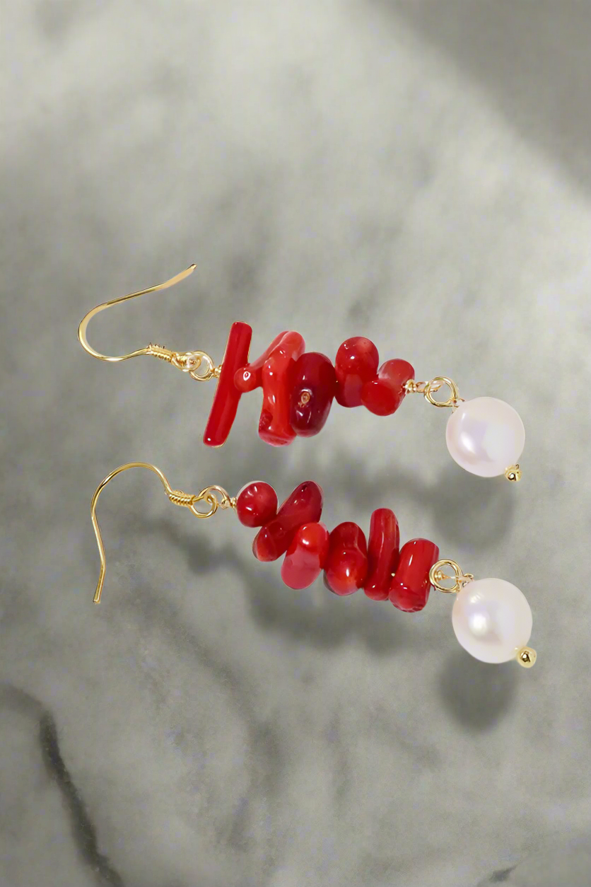 Bông tai san hô đỏ ngọc trai baroque thời trang Hity