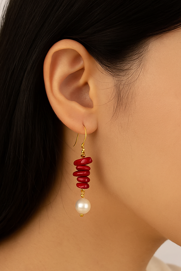 Bông tai san hô đỏ ngọc trai baroque thời trang Hity
