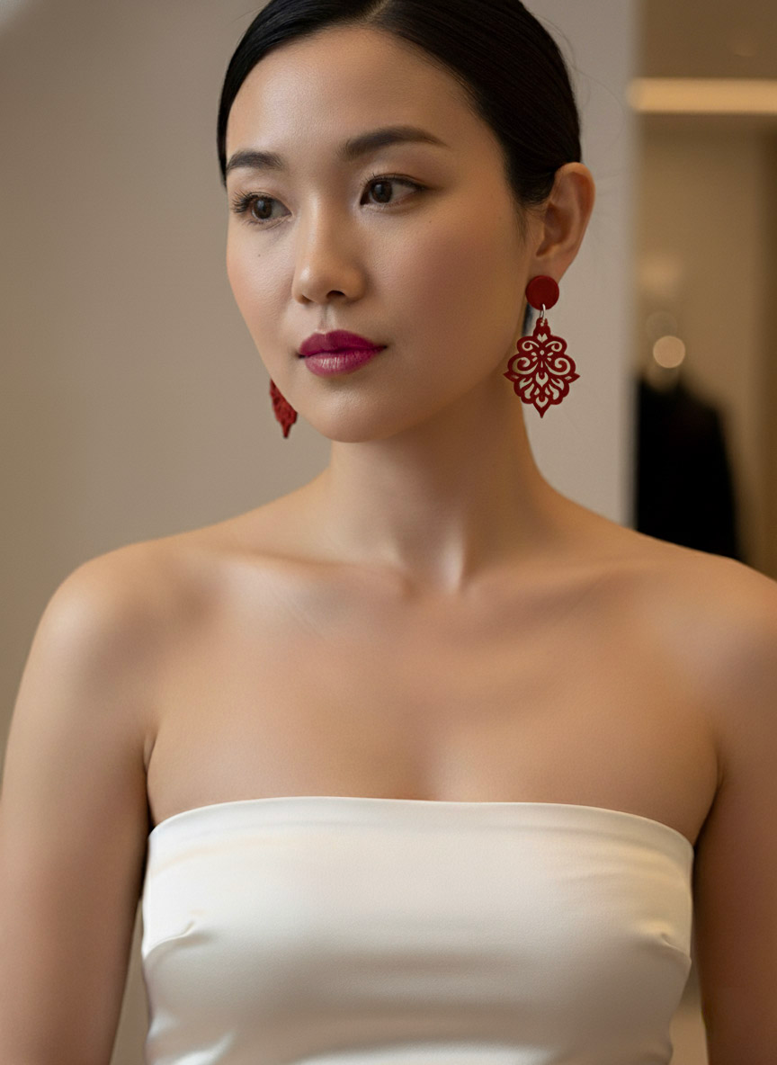 Bông tai sơn mài đỏ hoạ tiết hoa thị thời trang Hity