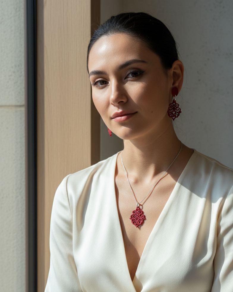 Bông tai sơn mài đỏ hoạ tiết hoa thị thời trang Hity