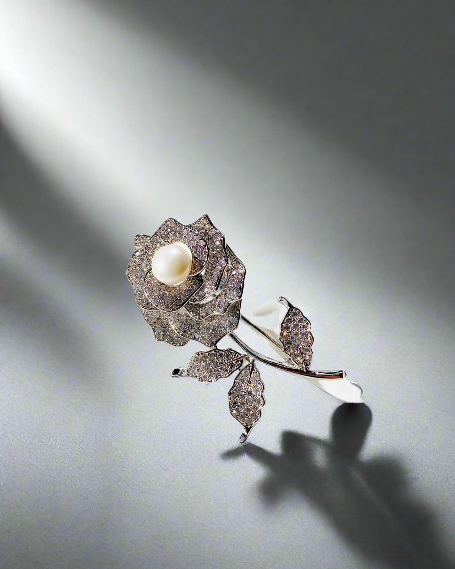 Cài áo hoa hồng nạm pha lê và ngọc trai thời trang Hity