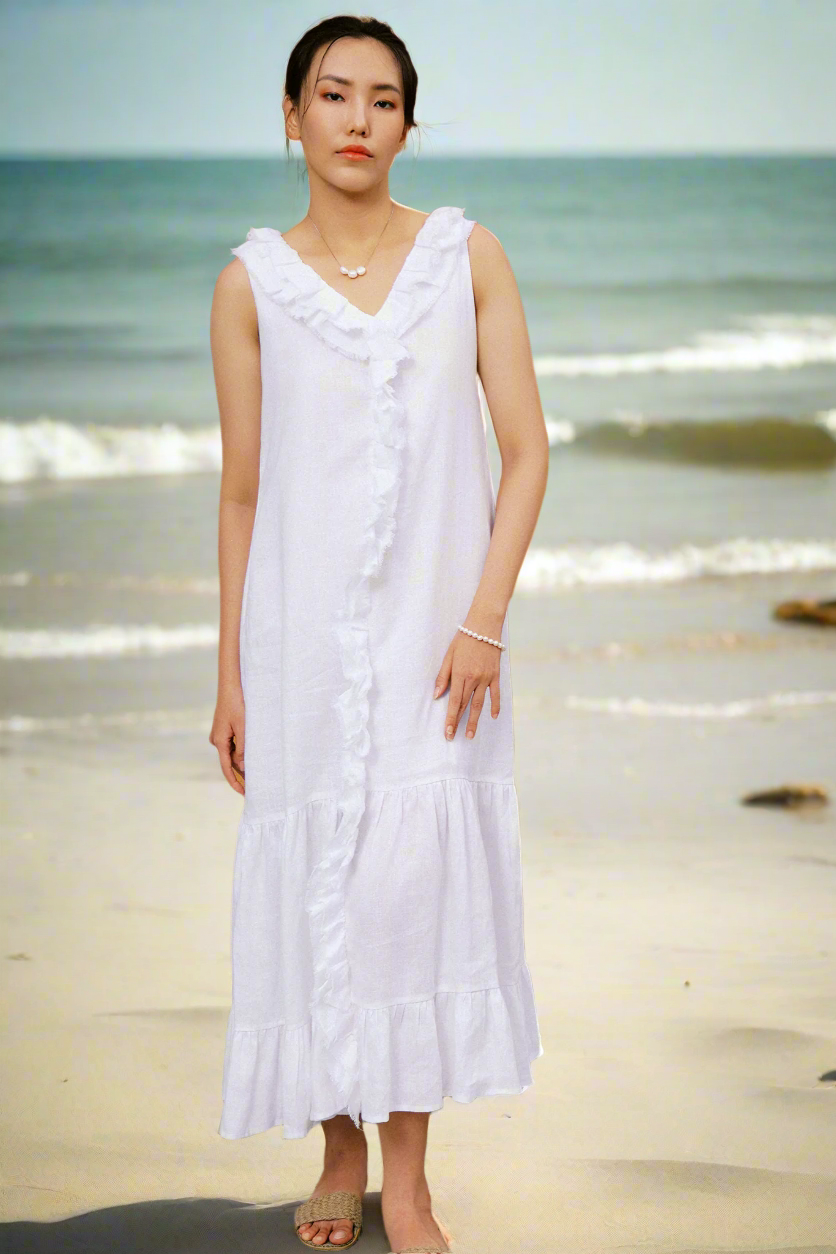 Đầm maxi suông linen trắng thêu rua chỉ thời trang Hity