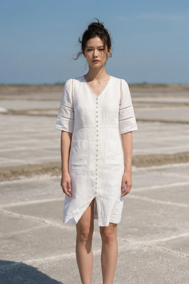 White linen V-neck shift dress with lace detail