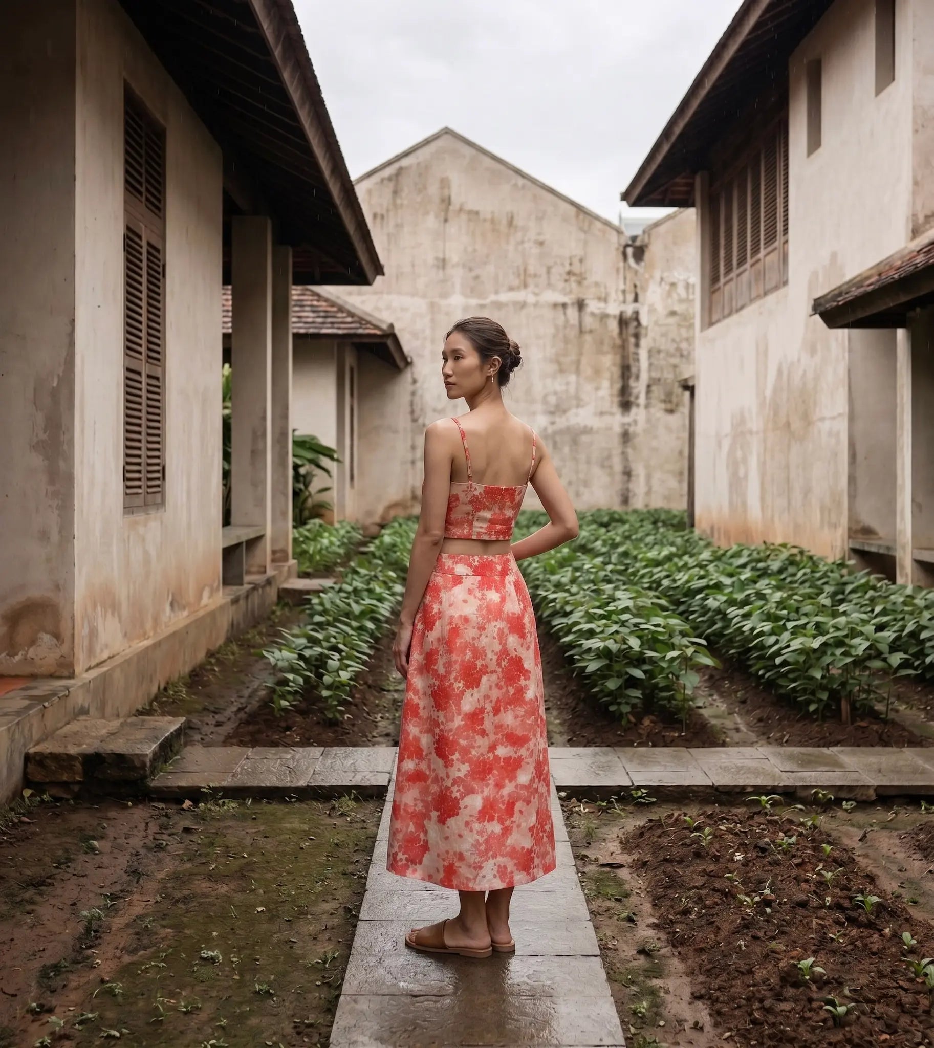 Áo croptop hai dây vải gai xanh ramie hoa thời trang Hity
