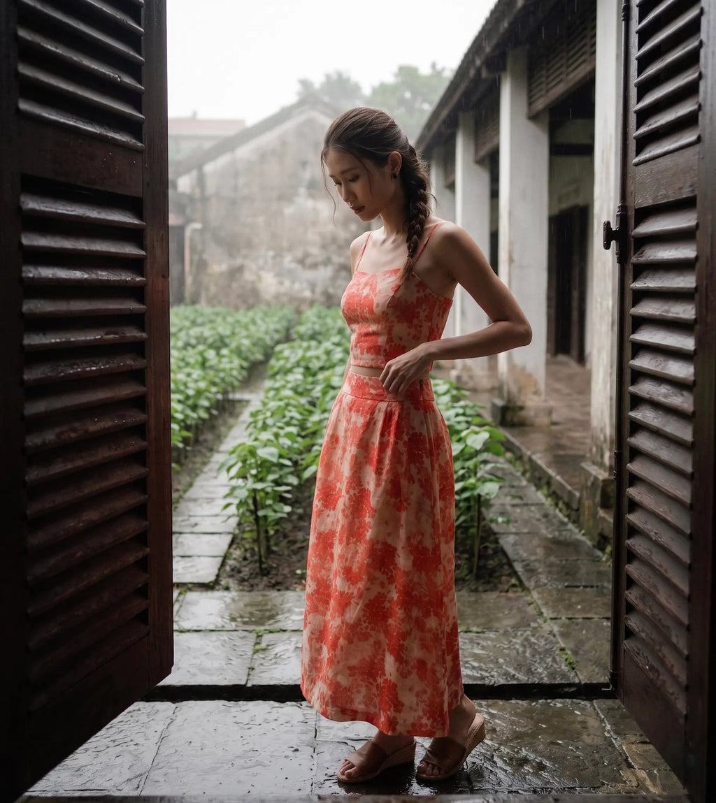 Áo croptop hai dây vải gai xanh ramie hoa thời trang Hity