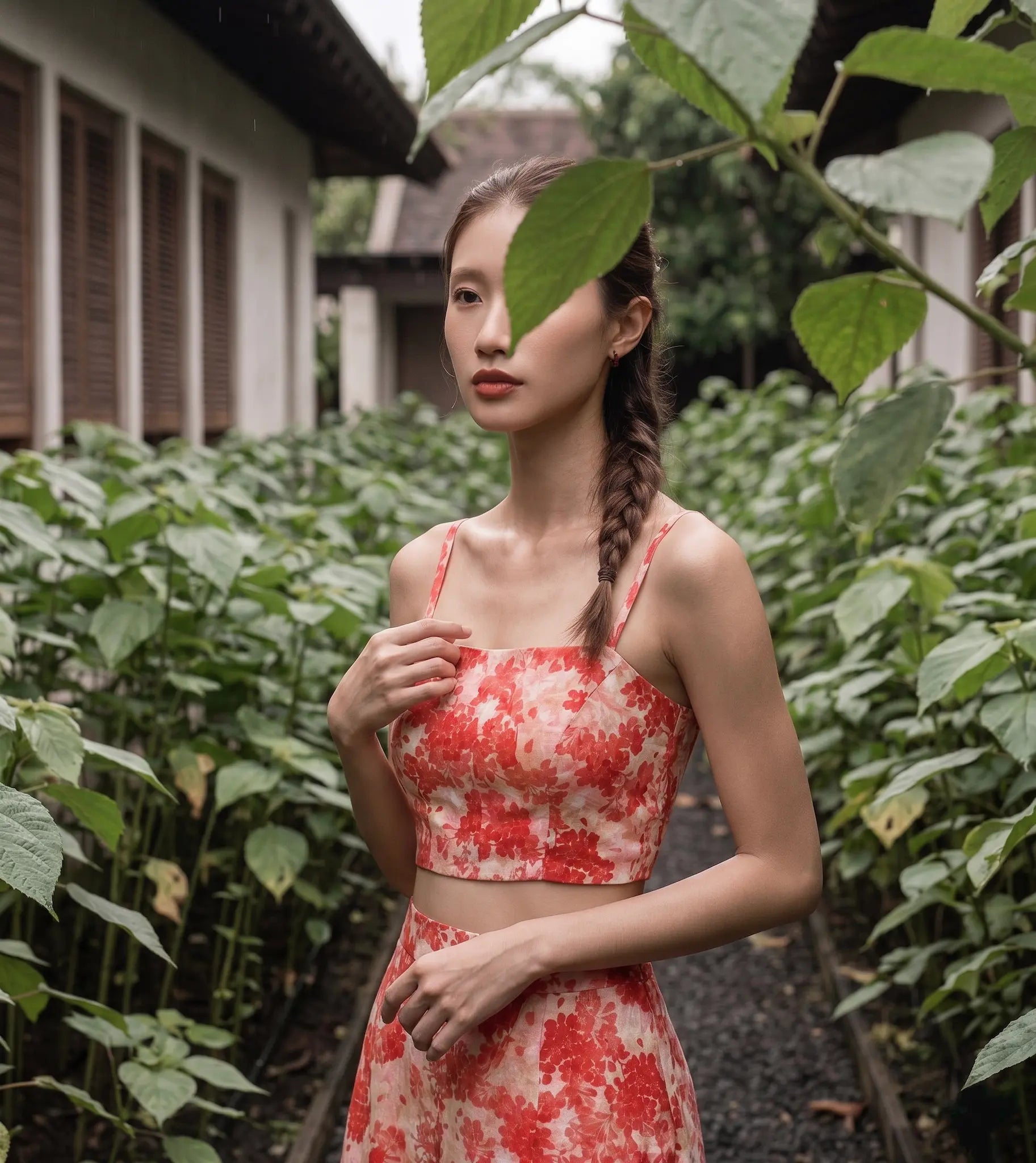 Áo croptop hai dây vải gai xanh ramie hoa thời trang Hity