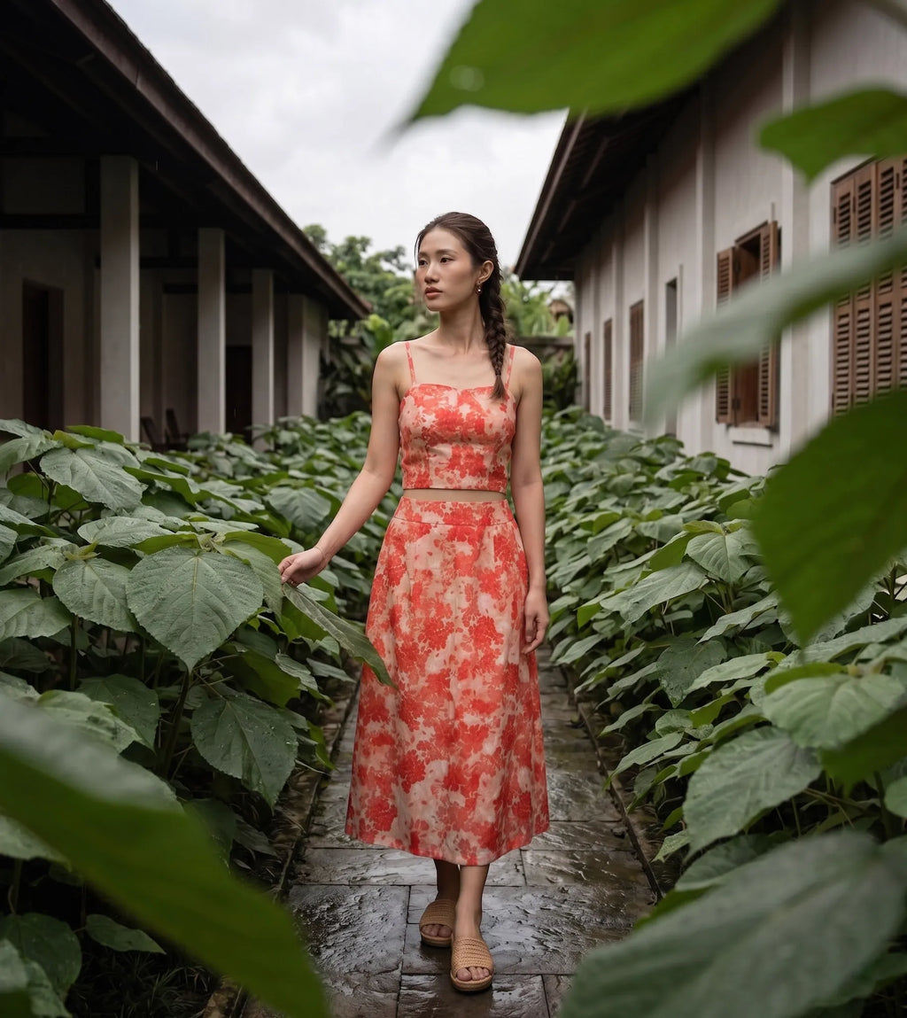 Áo croptop hai dây vải gai xanh ramie hoa thời trang Hity