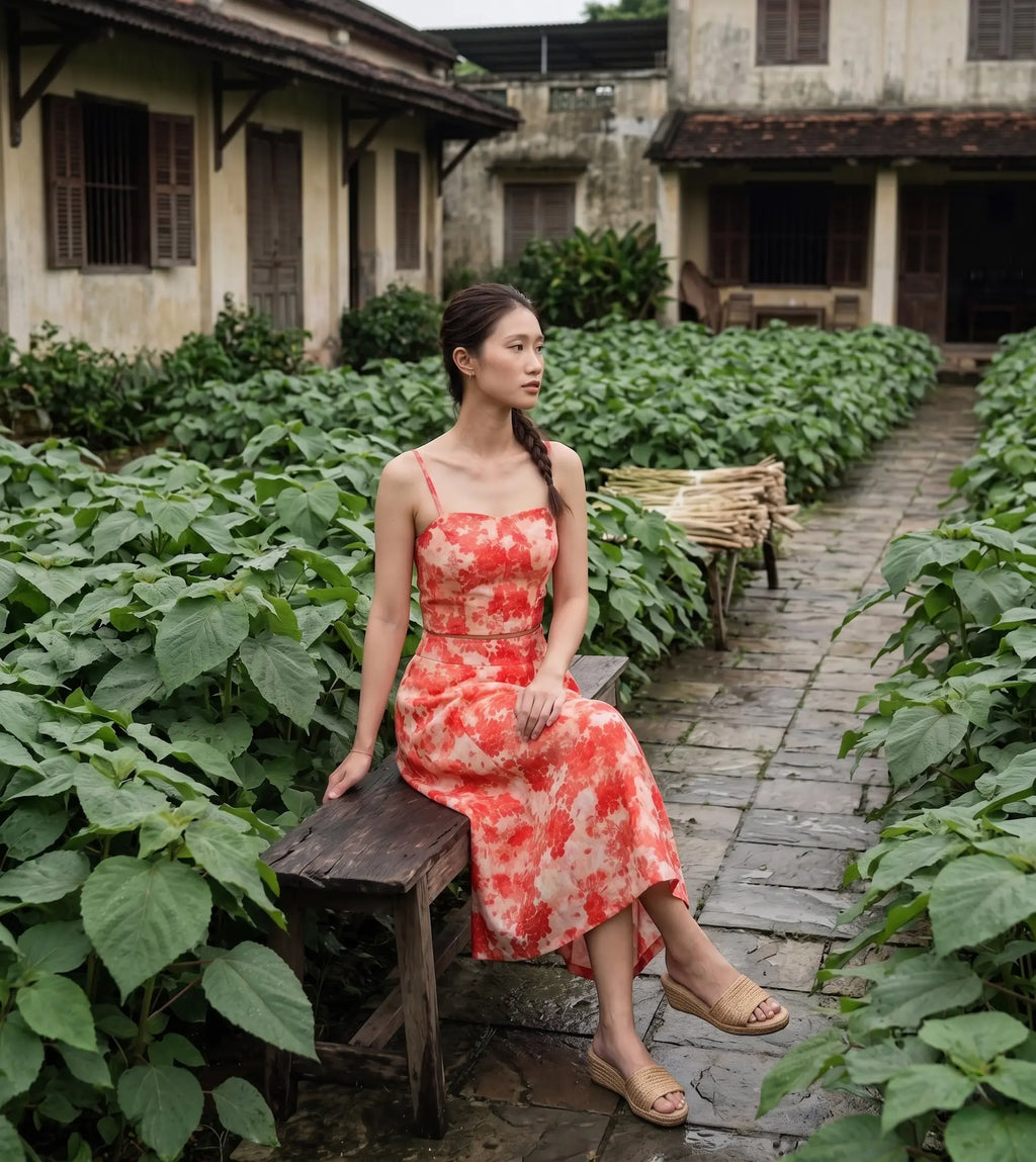 Áo croptop hai dây vải gai xanh ramie hoa thời trang Hity
