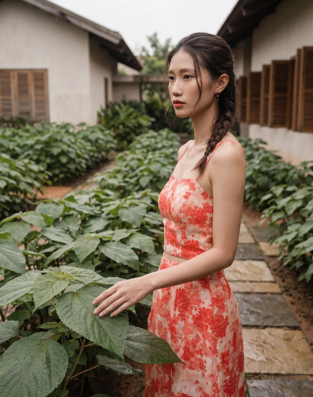 Áo croptop hai dây vải gai xanh ramie hoa thời trang Hity