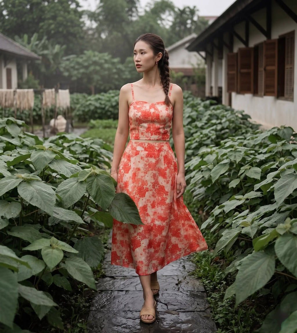 Áo croptop hai dây vải gai xanh ramie hoa thời trang Hity