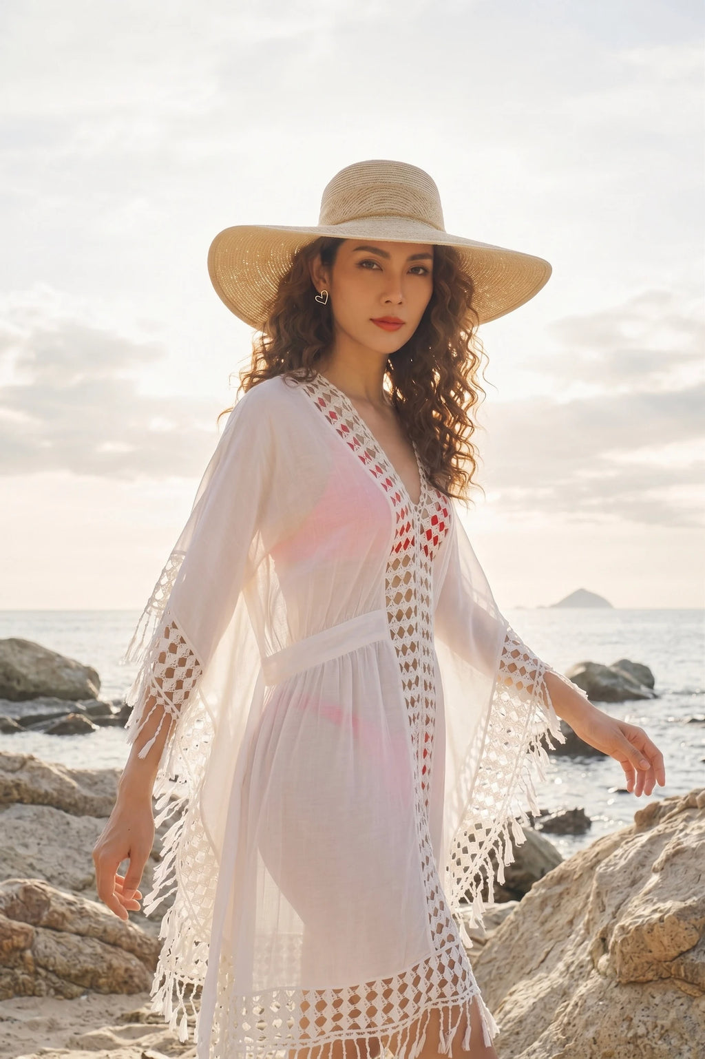 Áo khoác đi biển kaftan cotton trắng thời trang Hity
