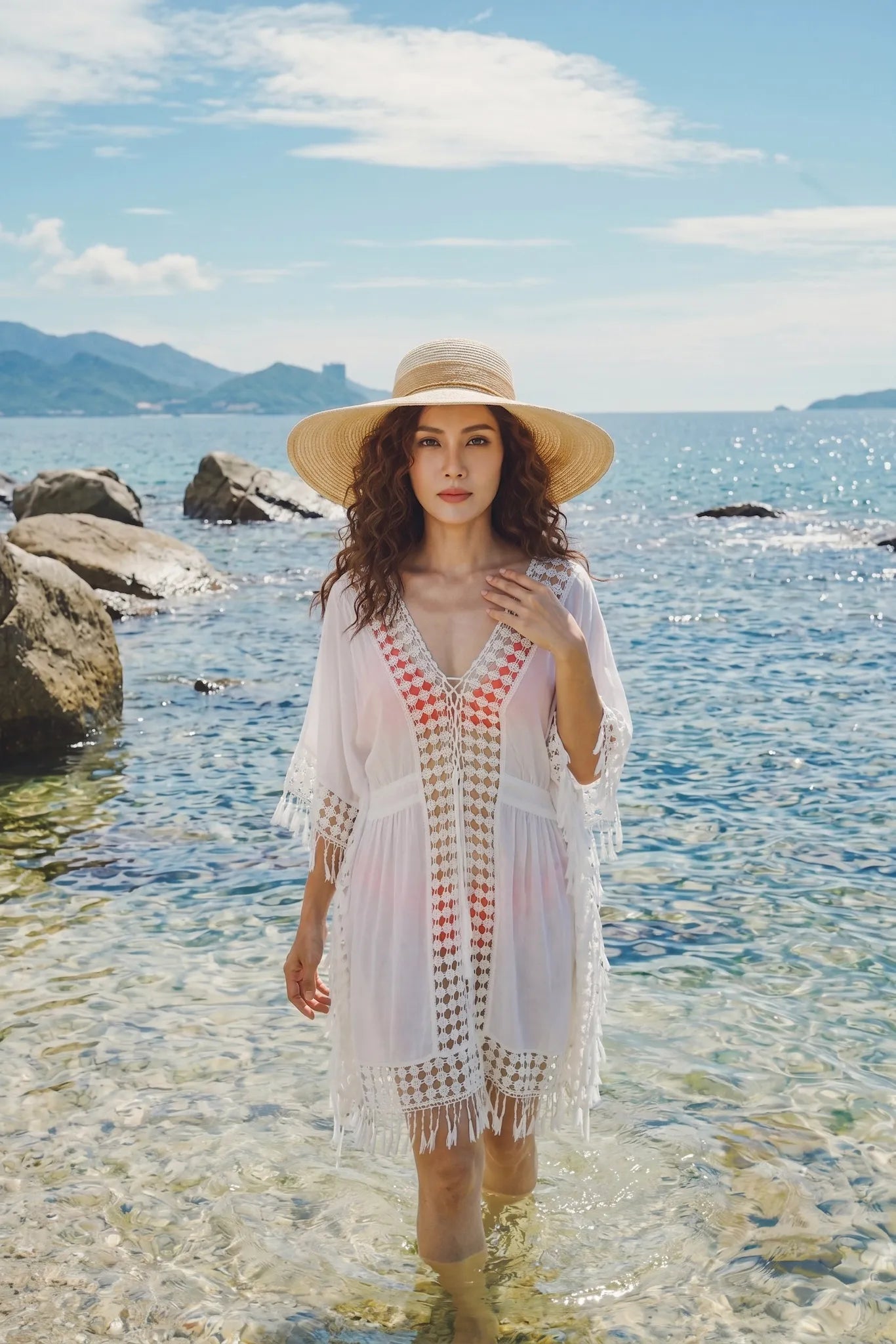 Áo khoác đi biển kaftan cotton trắng thời trang Hity