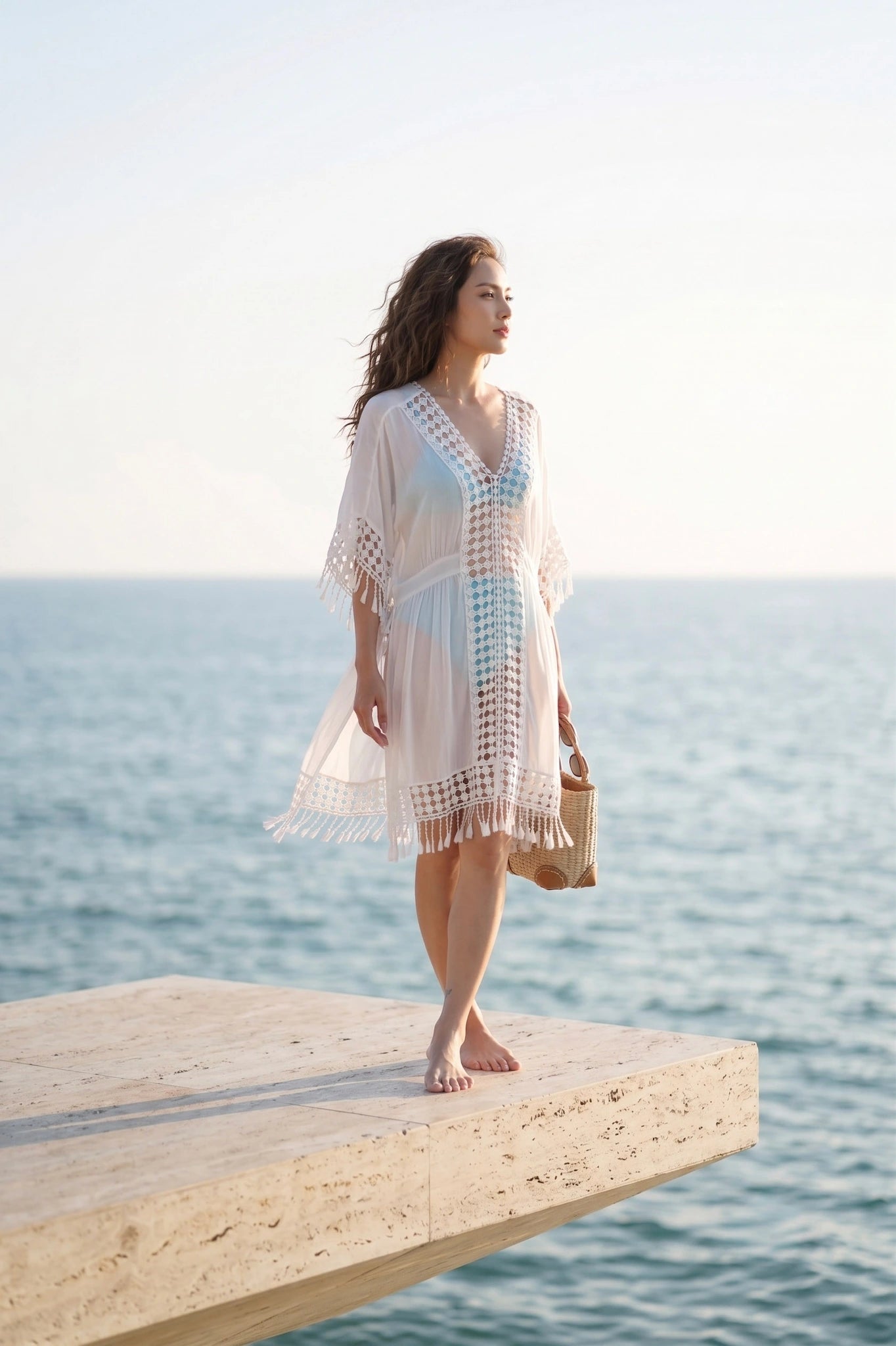 Áo khoác đi biển kaftan cotton trắng thời trang Hity