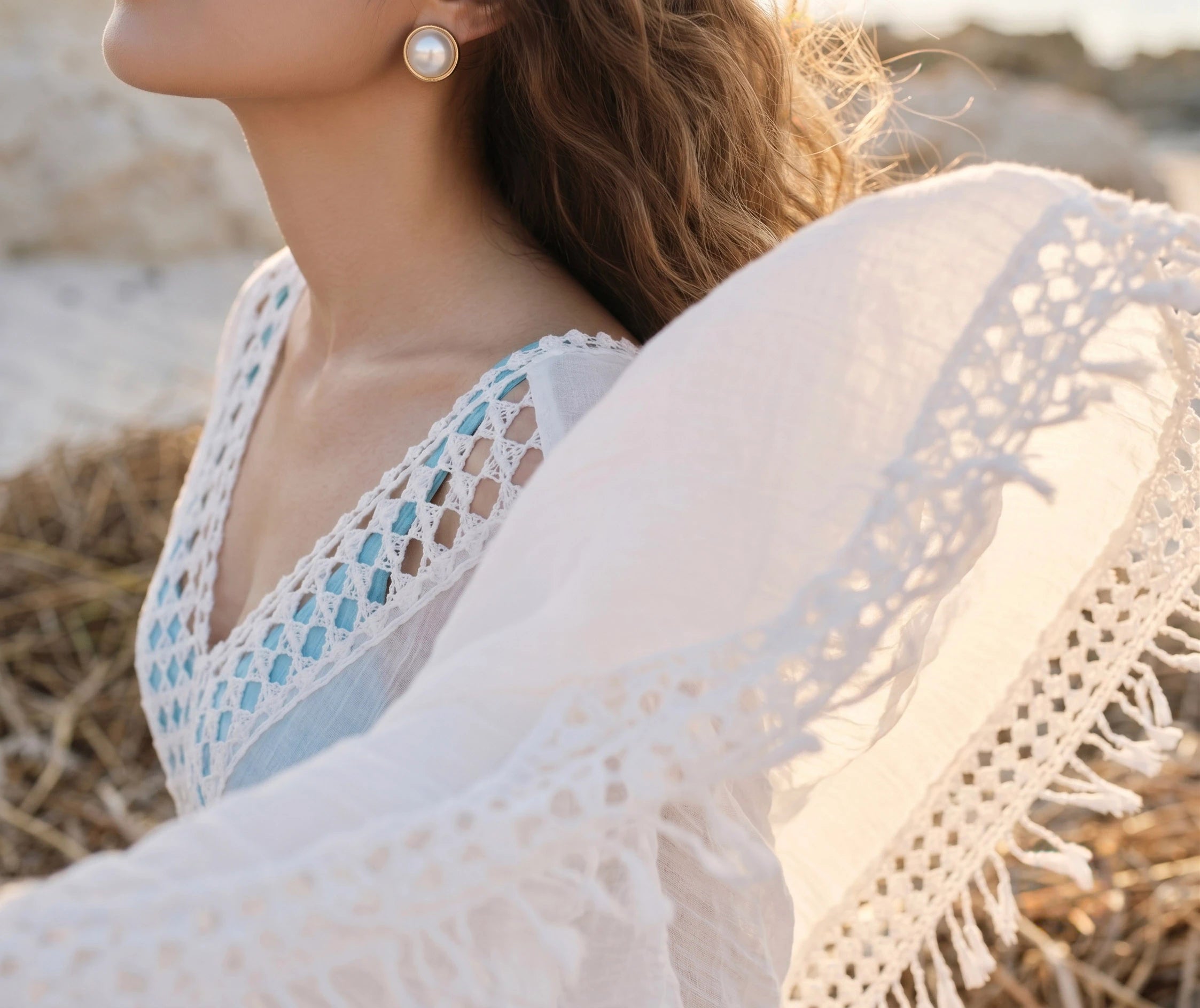 Áo khoác đi biển kaftan cotton trắng thời trang Hity