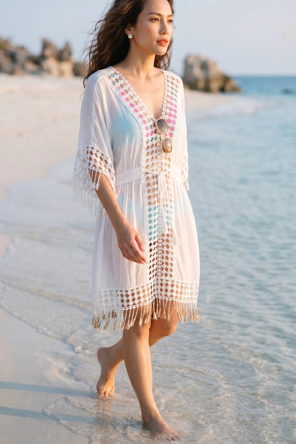 Áo khoác đi biển kaftan cotton trắng thời trang Hity
