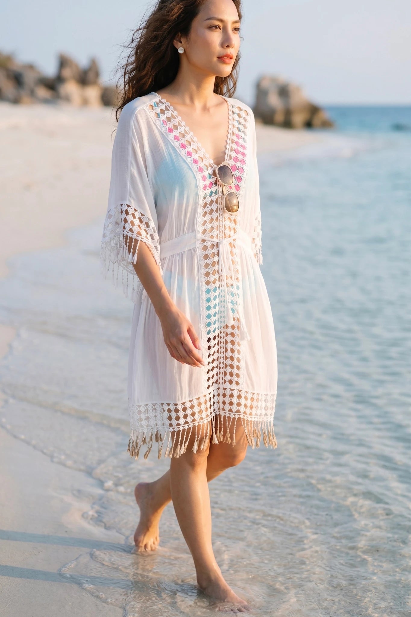 Áo khoác đi biển kaftan cotton trắng thời trang Hity