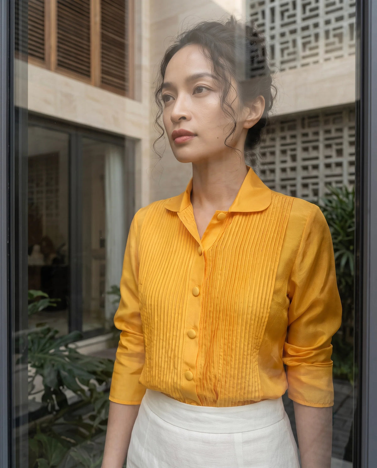 Áo cổ sen lụa tơ tằm habotai vàng thời trang Hity