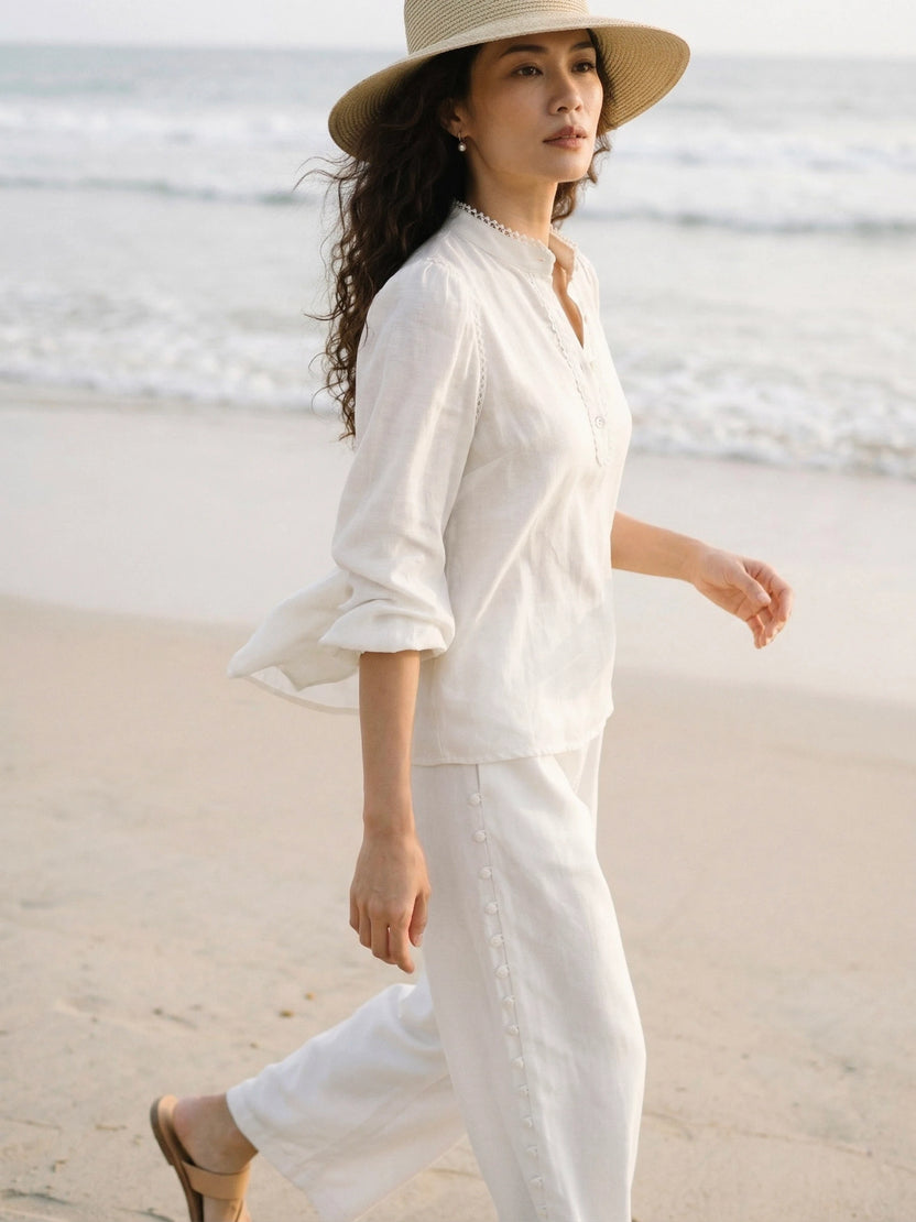 Áo cổ trụ dáng rộng linen trắng thời trang Hity