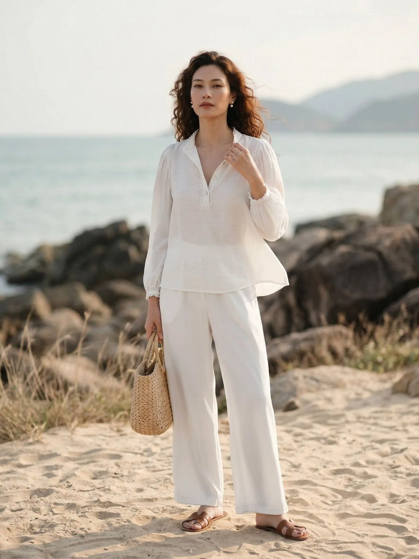 Áo cổ trụ dáng rộng linen trắng thời trang Hity