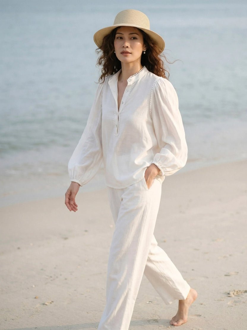 Áo cổ trụ dáng rộng linen trắng thời trang Hity