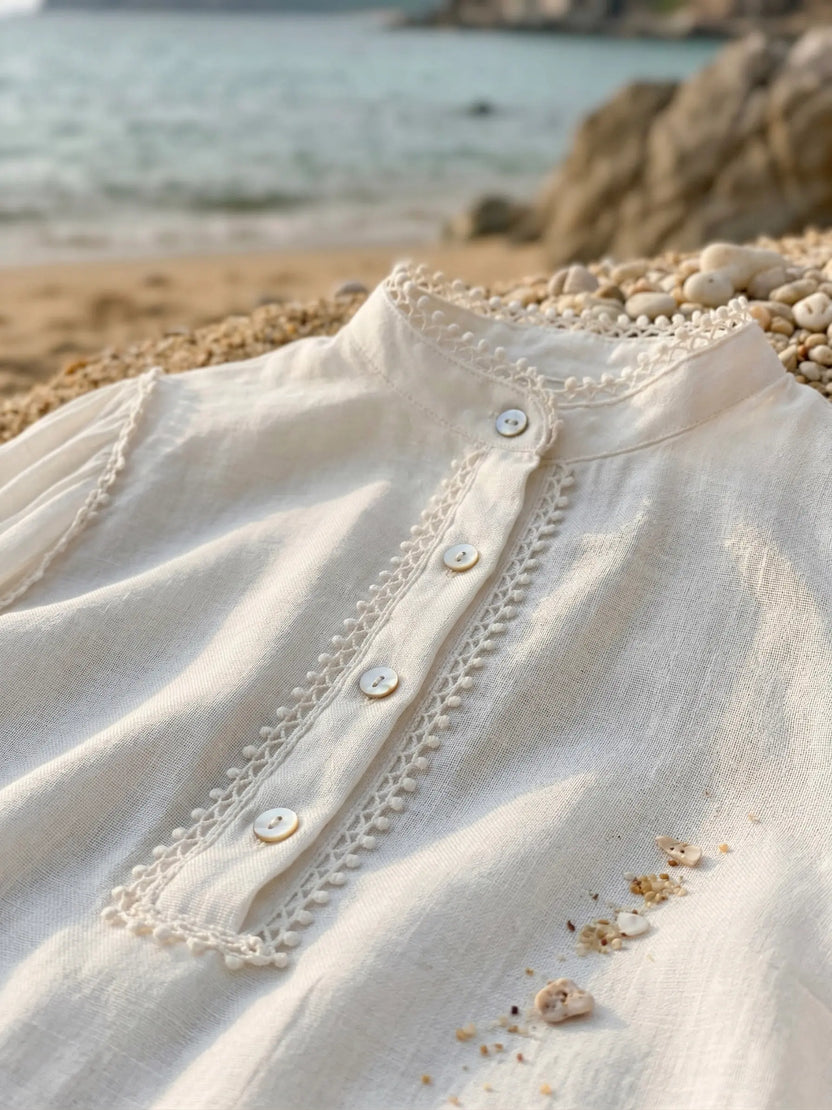 Áo cổ trụ dáng rộng linen trắng thời trang Hity