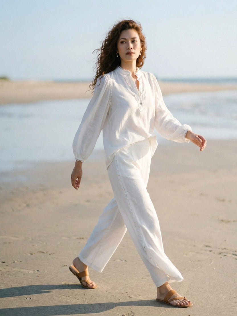 Áo cổ trụ dáng rộng linen trắng thời trang Hity