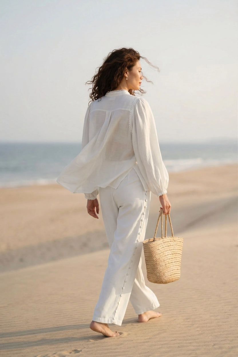 Áo cổ trụ dáng rộng linen trắng thời trang Hity