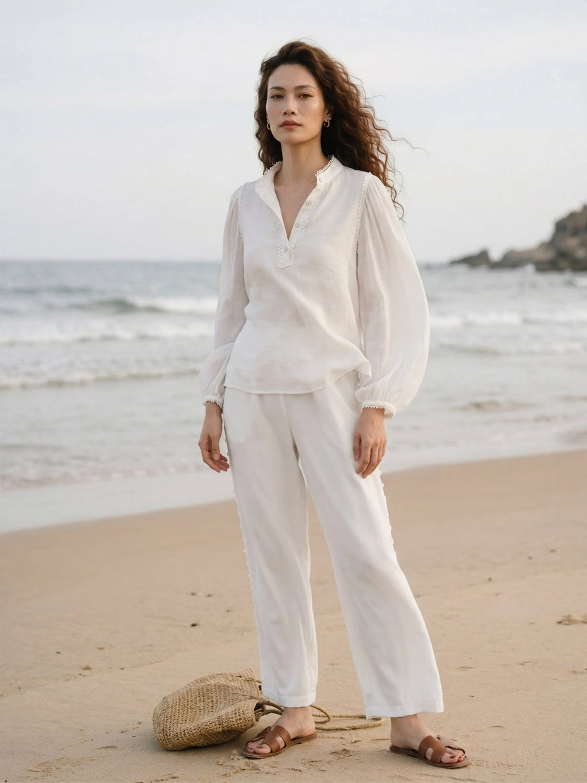 Áo cổ trụ dáng rộng linen trắng thời trang Hity