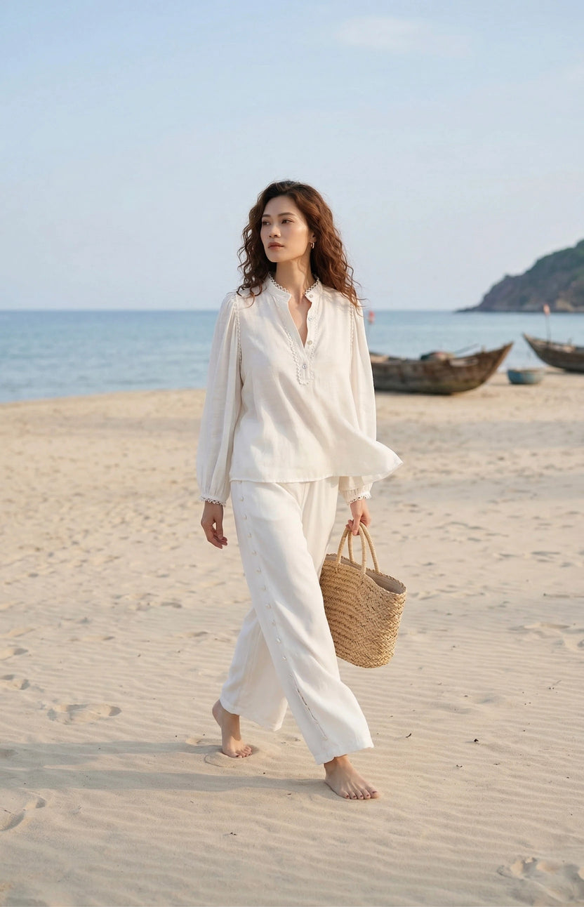 Áo cổ trụ dáng rộng linen trắng thời trang Hity