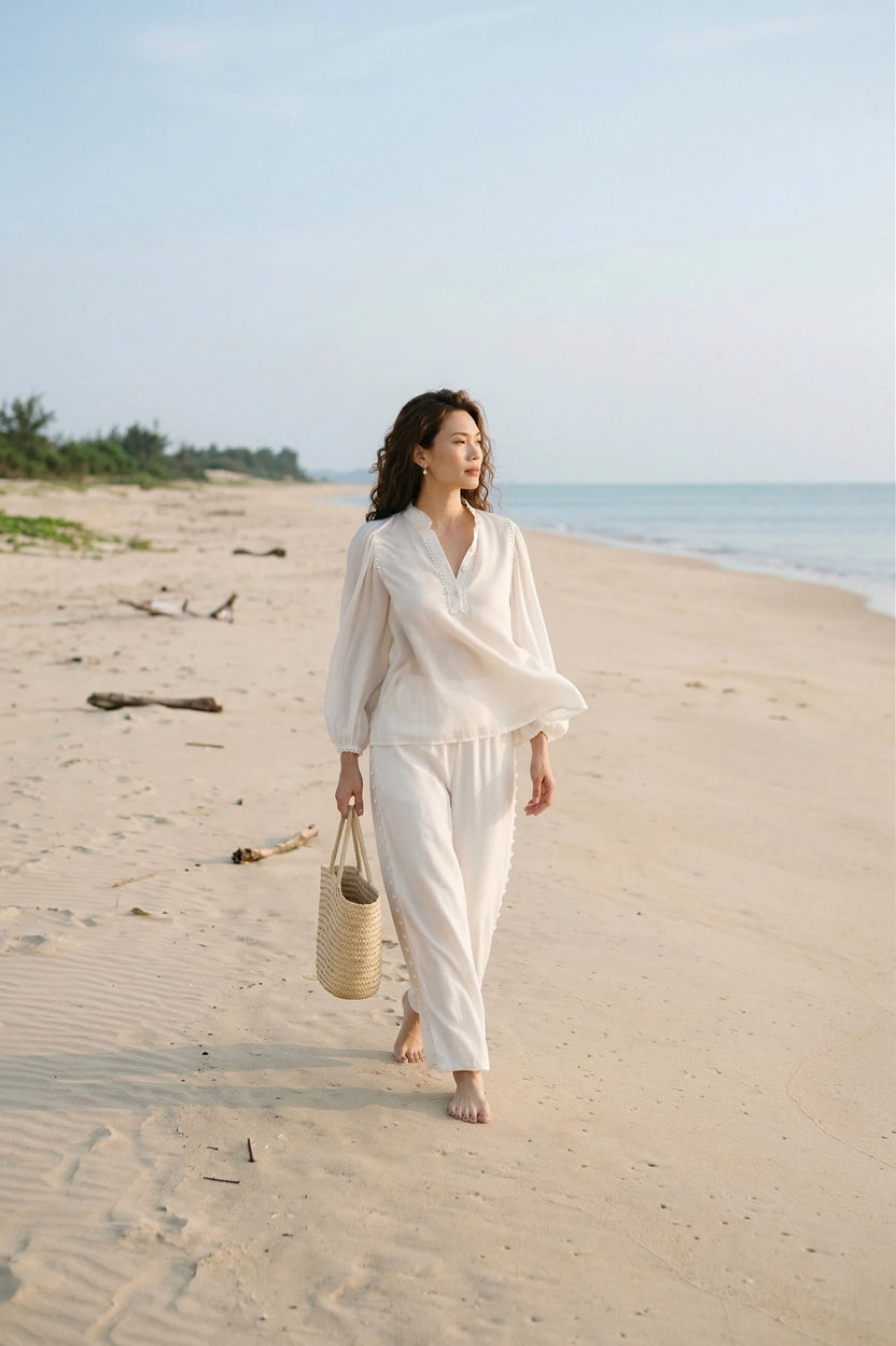 Áo cổ trụ dáng rộng linen trắng thời trang Hity