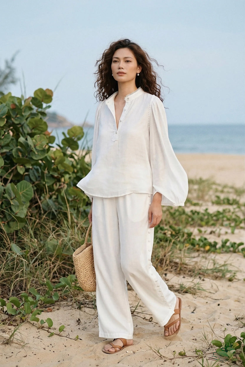 Áo cổ trụ dáng rộng linen trắng thời trang Hity