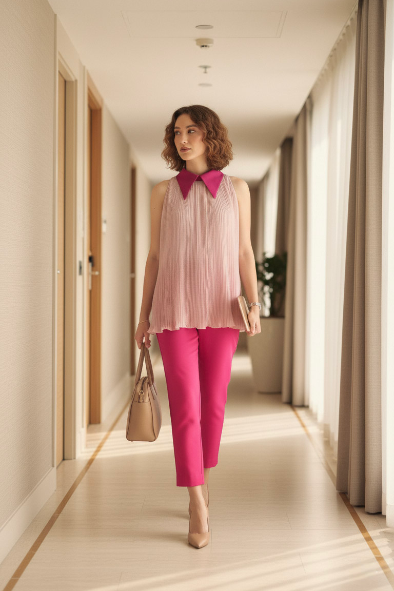 Áo yếm cổ sơ mi dập ly hồng pastel thời trang Hity