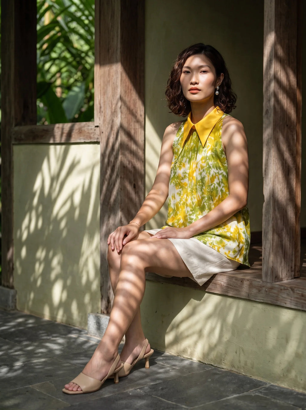 Áo hở vai cổ sơ mi halter neck lụa nhuộm loang tiedye thời trang Hity