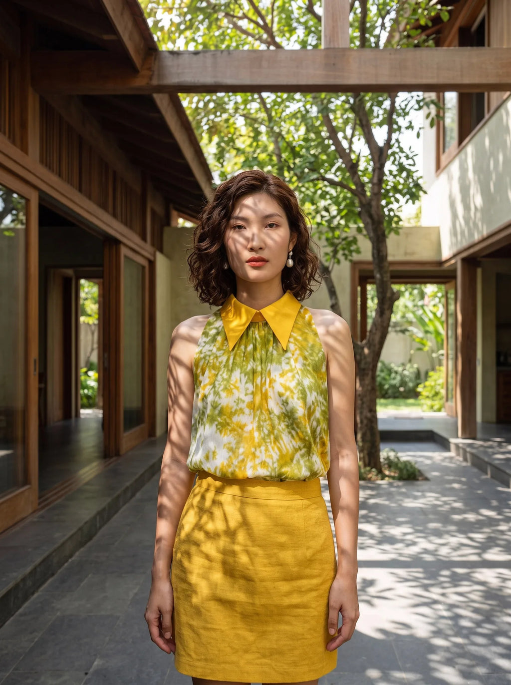 Áo hở vai cổ sơ mi halter neck lụa nhuộm loang tiedye thời trang Hity