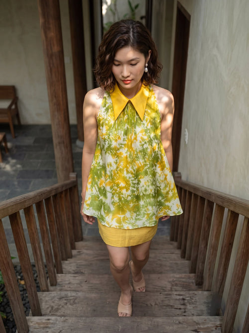Áo hở vai cổ sơ mi halter neck lụa nhuộm loang tiedye thời trang Hity
