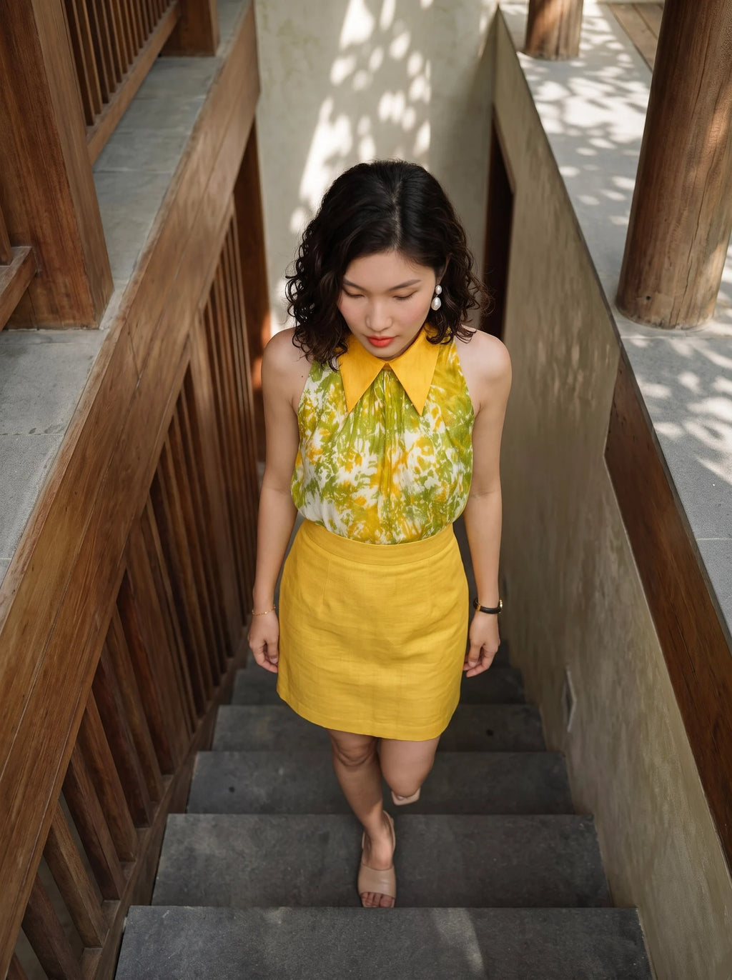 Áo hở vai cổ sơ mi halter neck lụa nhuộm loang tiedye thời trang Hity