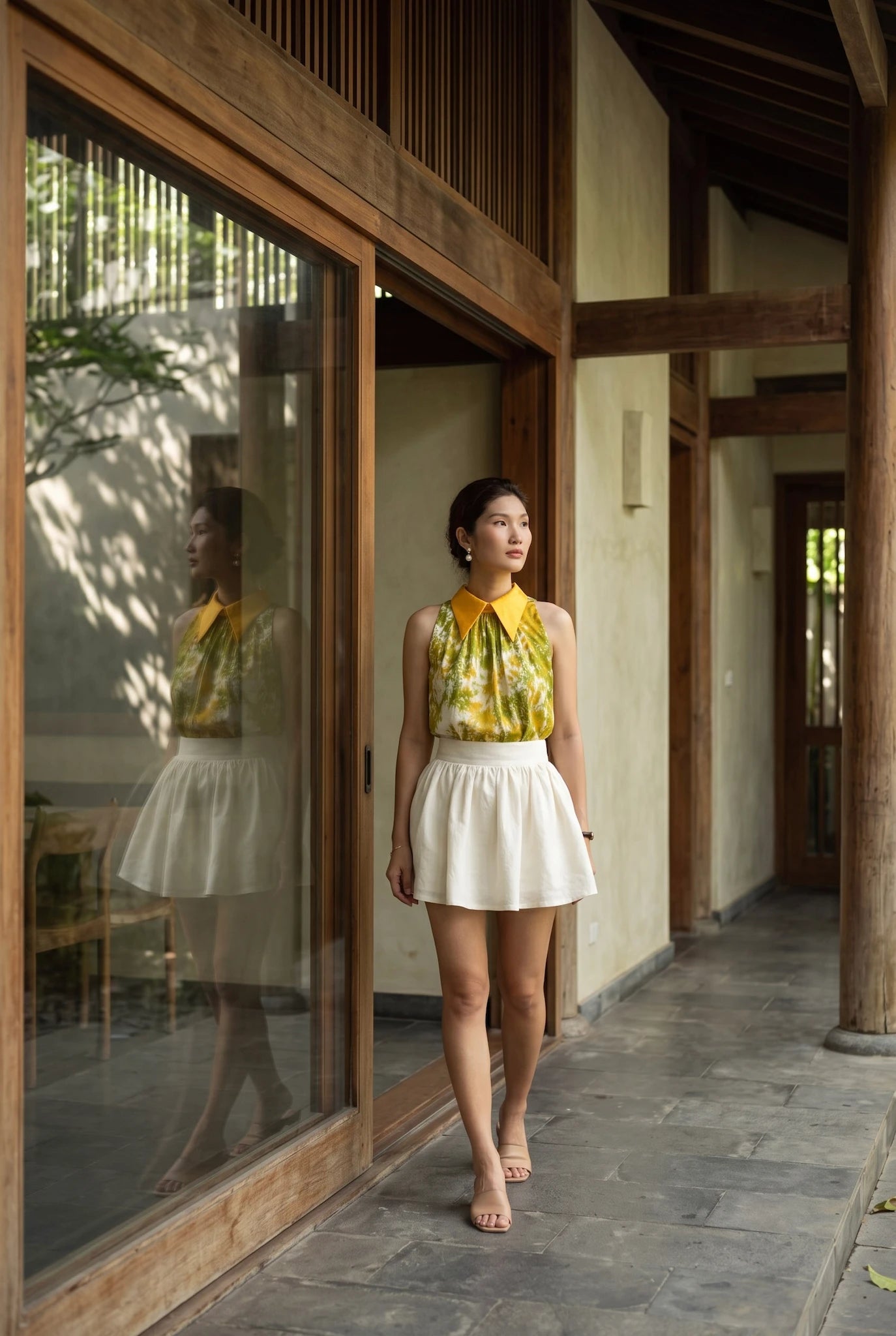 Áo hở vai cổ sơ mi halter neck lụa nhuộm loang tiedye thời trang Hity