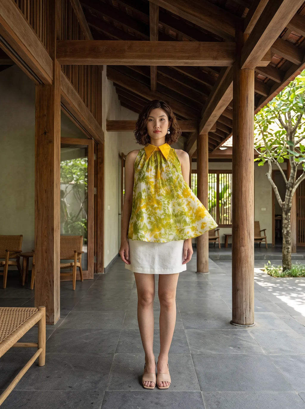 Áo hở vai cổ sơ mi halter neck lụa nhuộm loang tiedye thời trang Hity