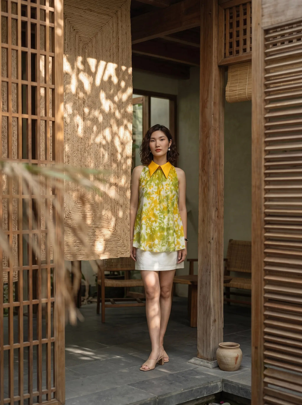 Áo hở vai cổ sơ mi halter neck lụa nhuộm loang tiedye thời trang Hity