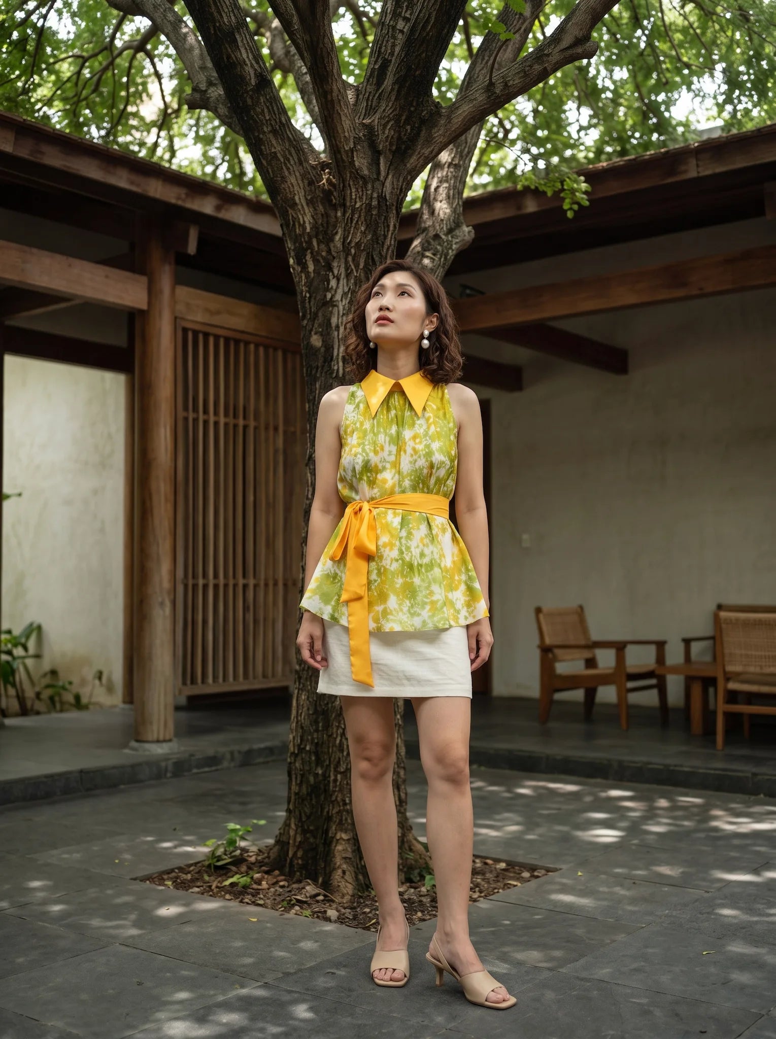 Áo hở vai cổ sơ mi halter neck lụa nhuộm loang tiedye thời trang Hity