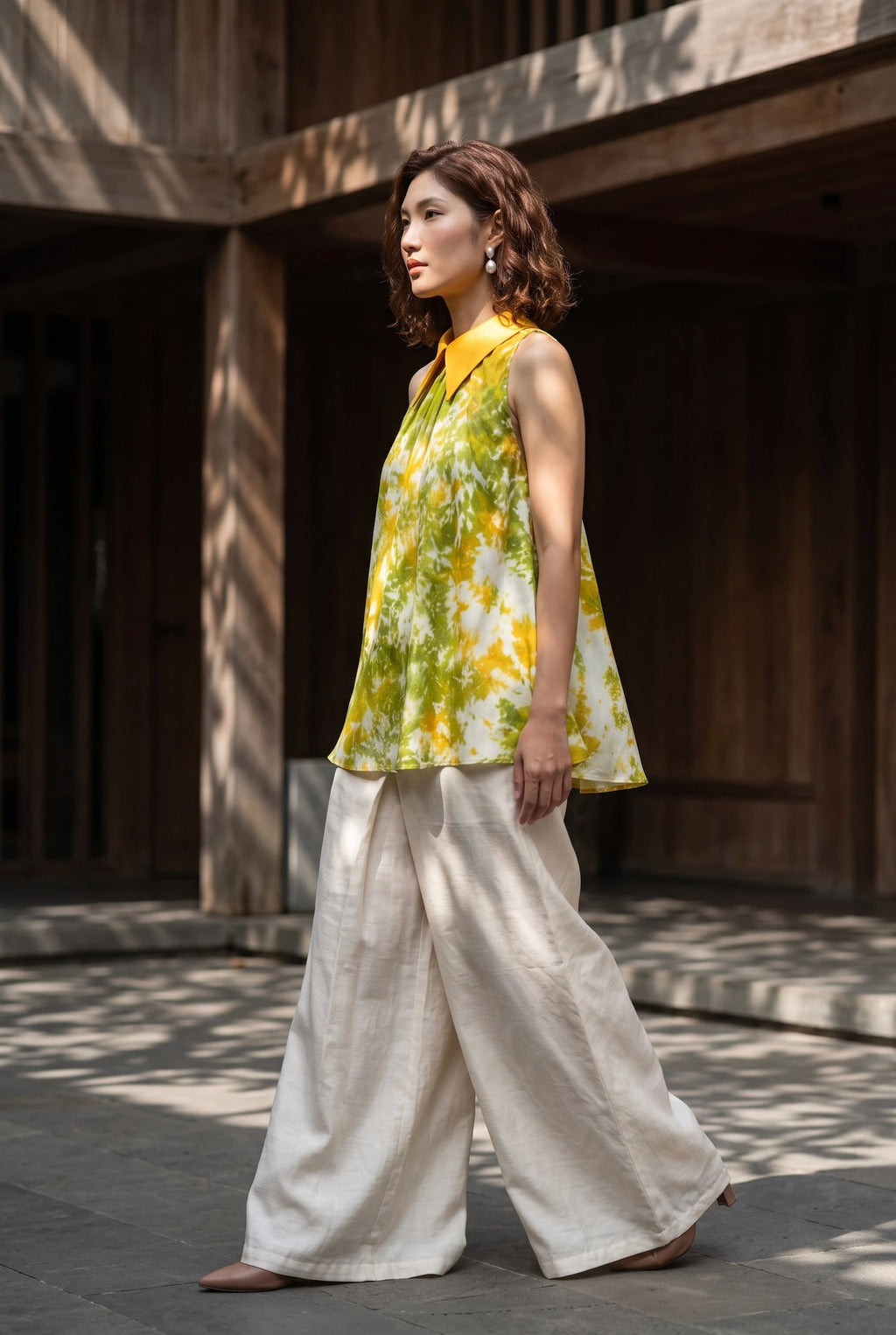 Áo hở vai cổ sơ mi halter neck lụa nhuộm loang tiedye thời trang Hity