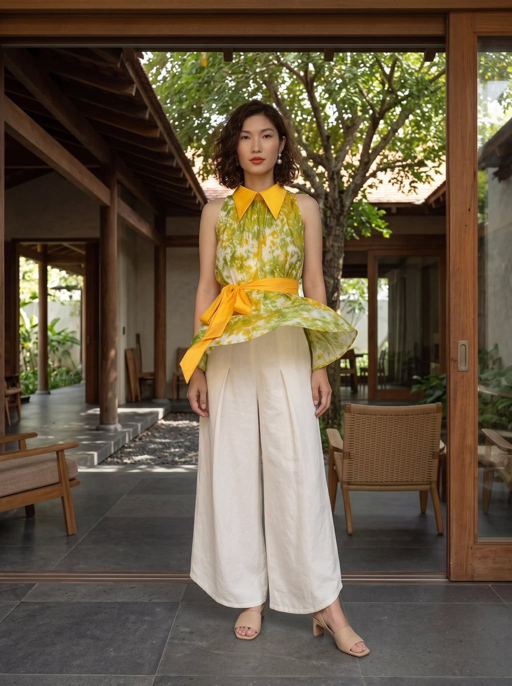 Áo hở vai cổ sơ mi halter neck lụa nhuộm loang tiedye thời trang Hity