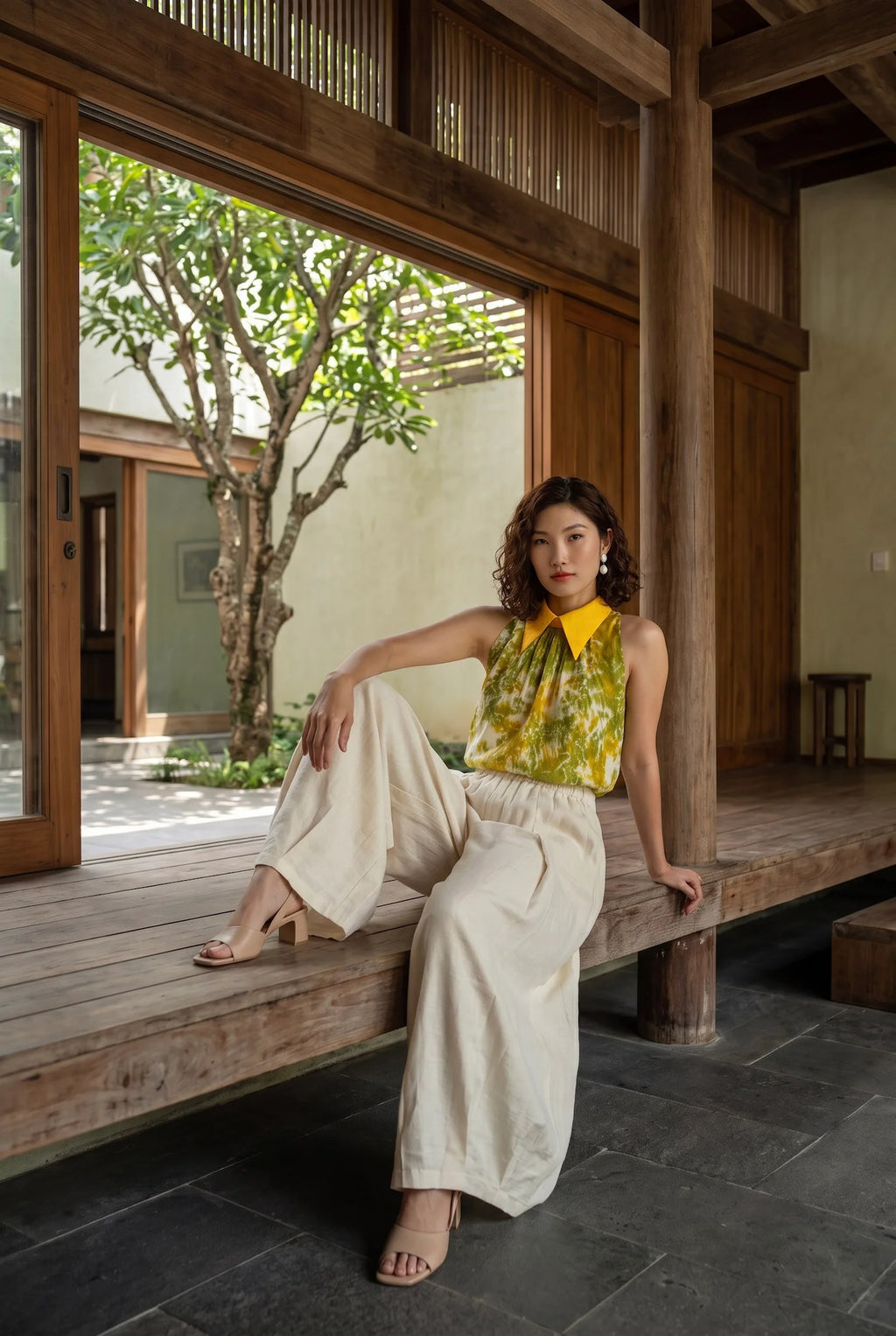 Áo hở vai cổ sơ mi halter neck lụa nhuộm loang tiedye thời trang Hity