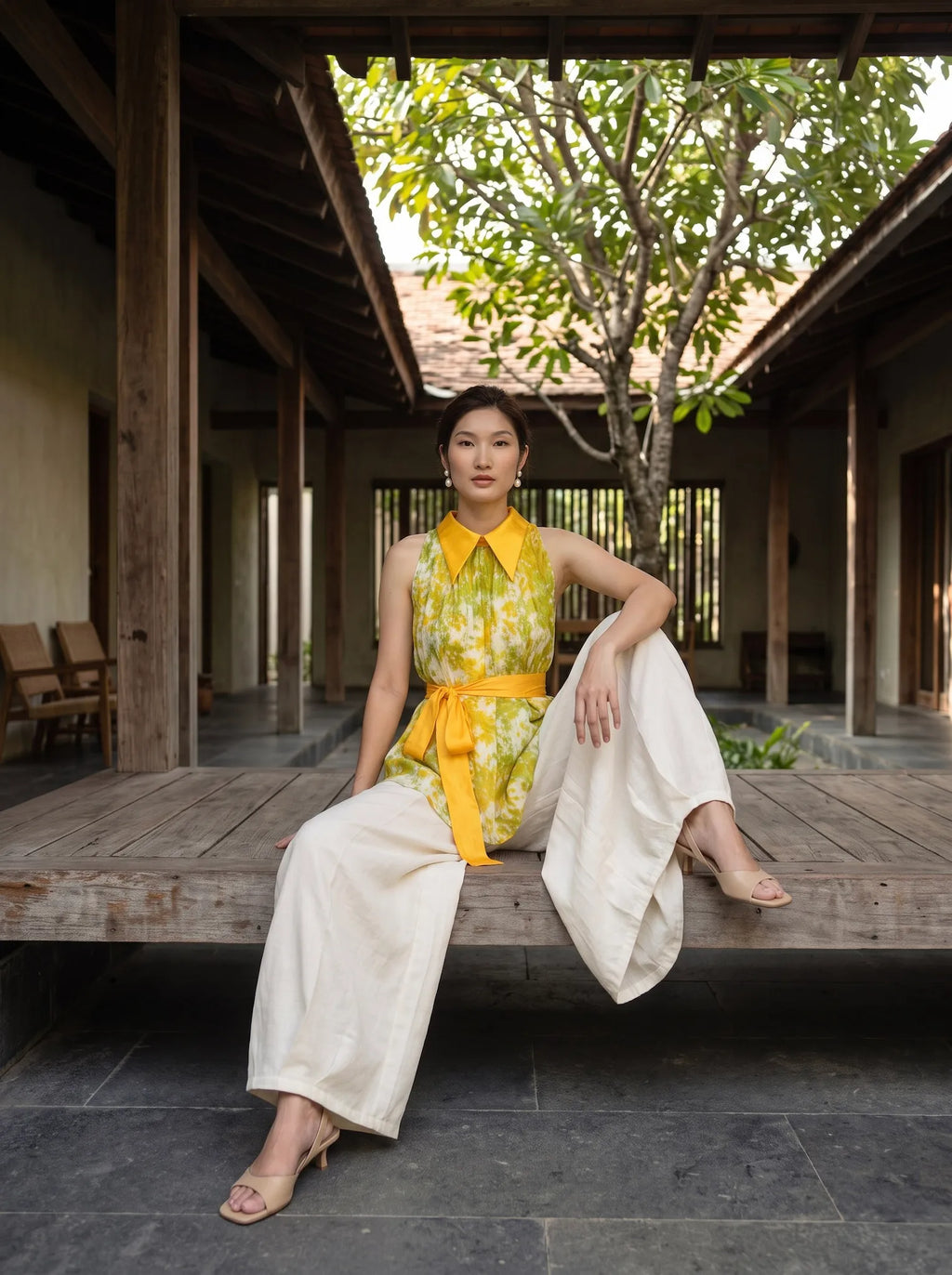 Áo hở vai cổ sơ mi halter neck lụa nhuộm loang tiedye thời trang Hity