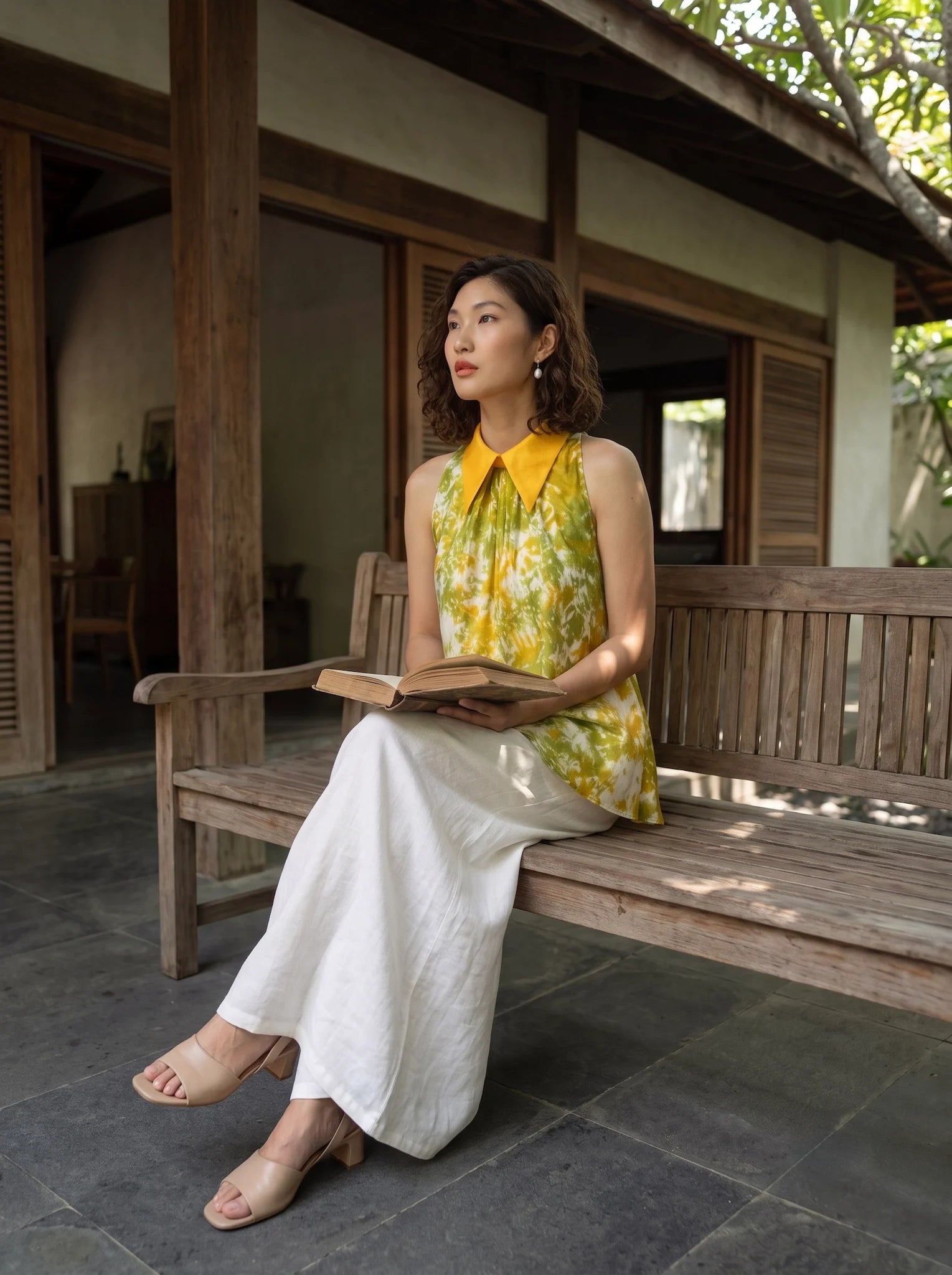 Áo hở vai cổ sơ mi halter neck lụa nhuộm loang tiedye thời trang Hity