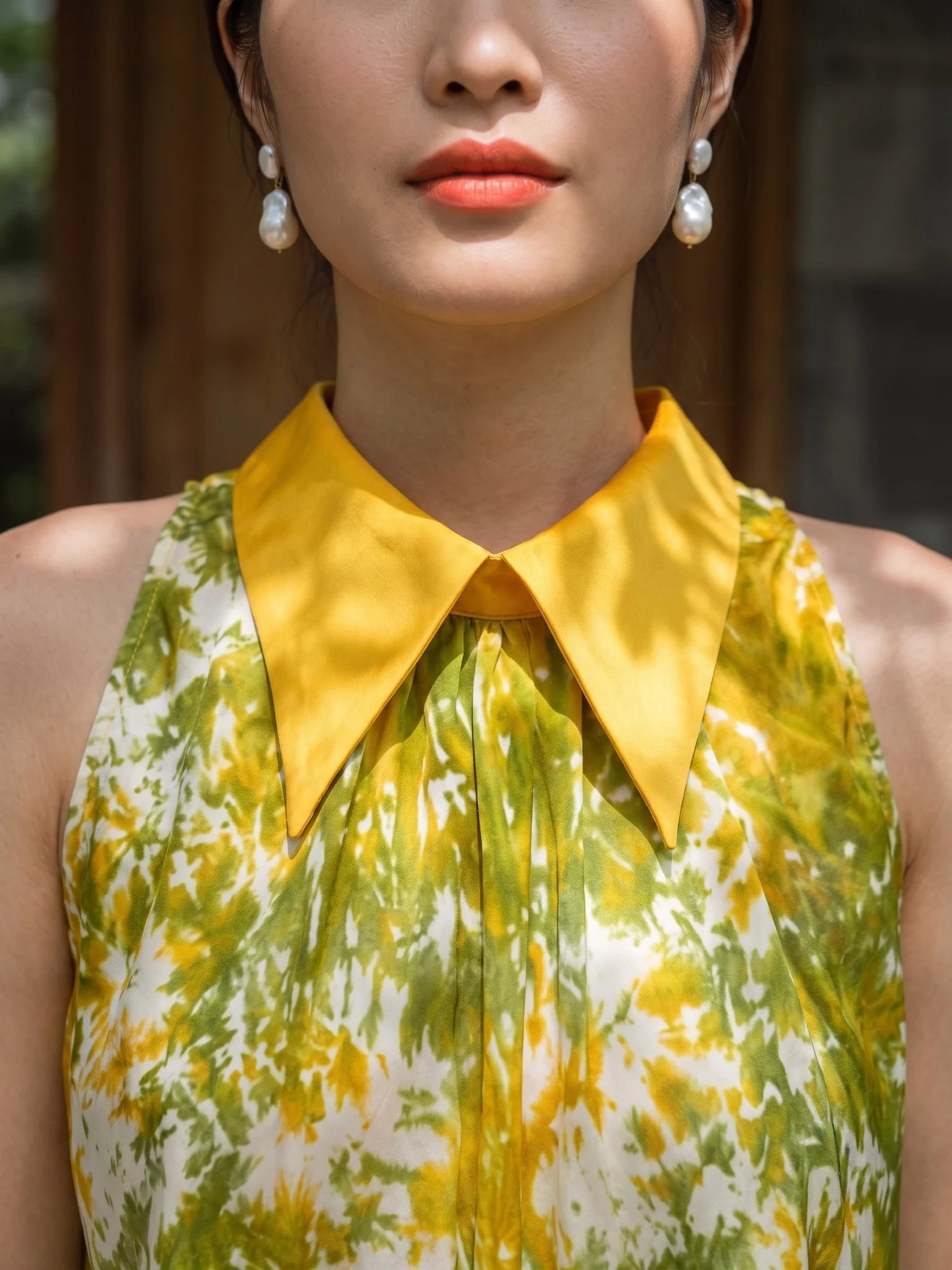 Áo hở vai cổ sơ mi halter neck lụa nhuộm loang tiedye thời trang Hity