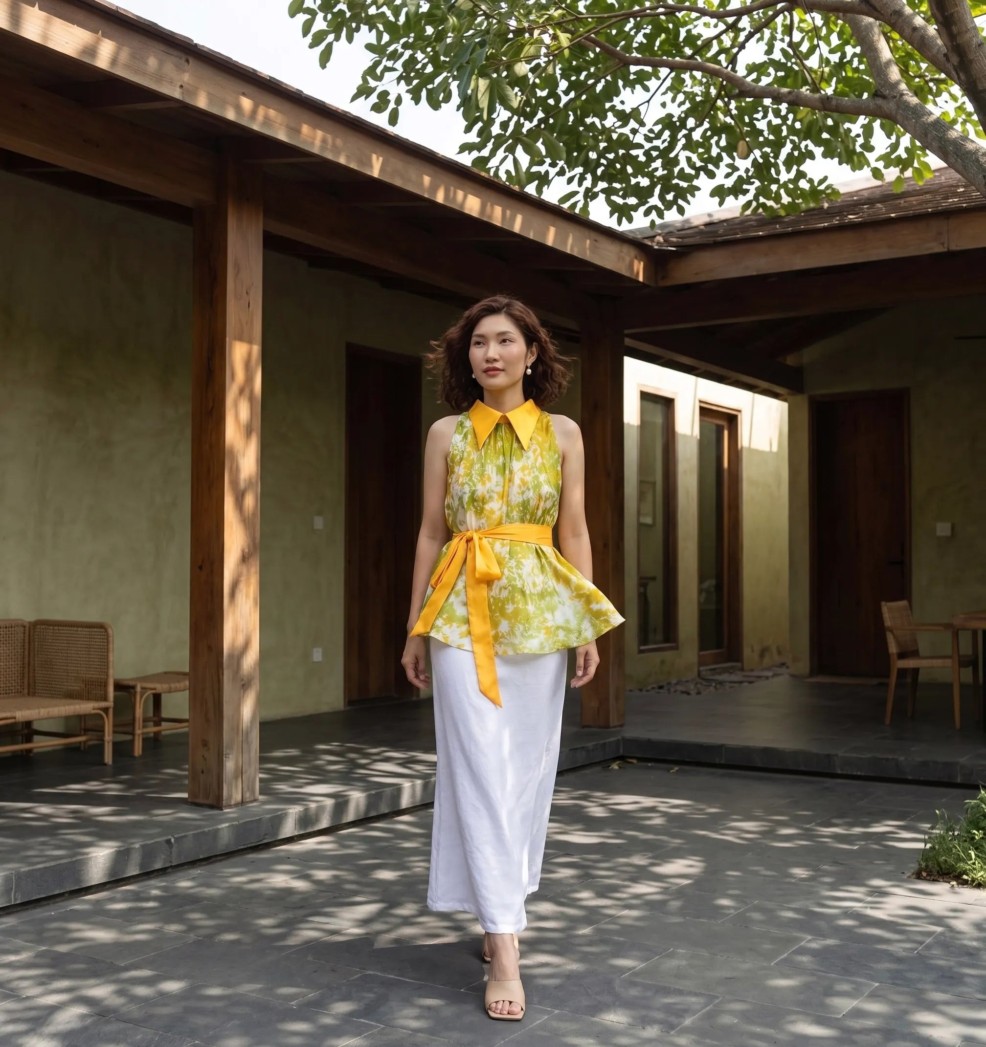 Áo hở vai cổ sơ mi halter neck lụa nhuộm loang tiedye thời trang Hity