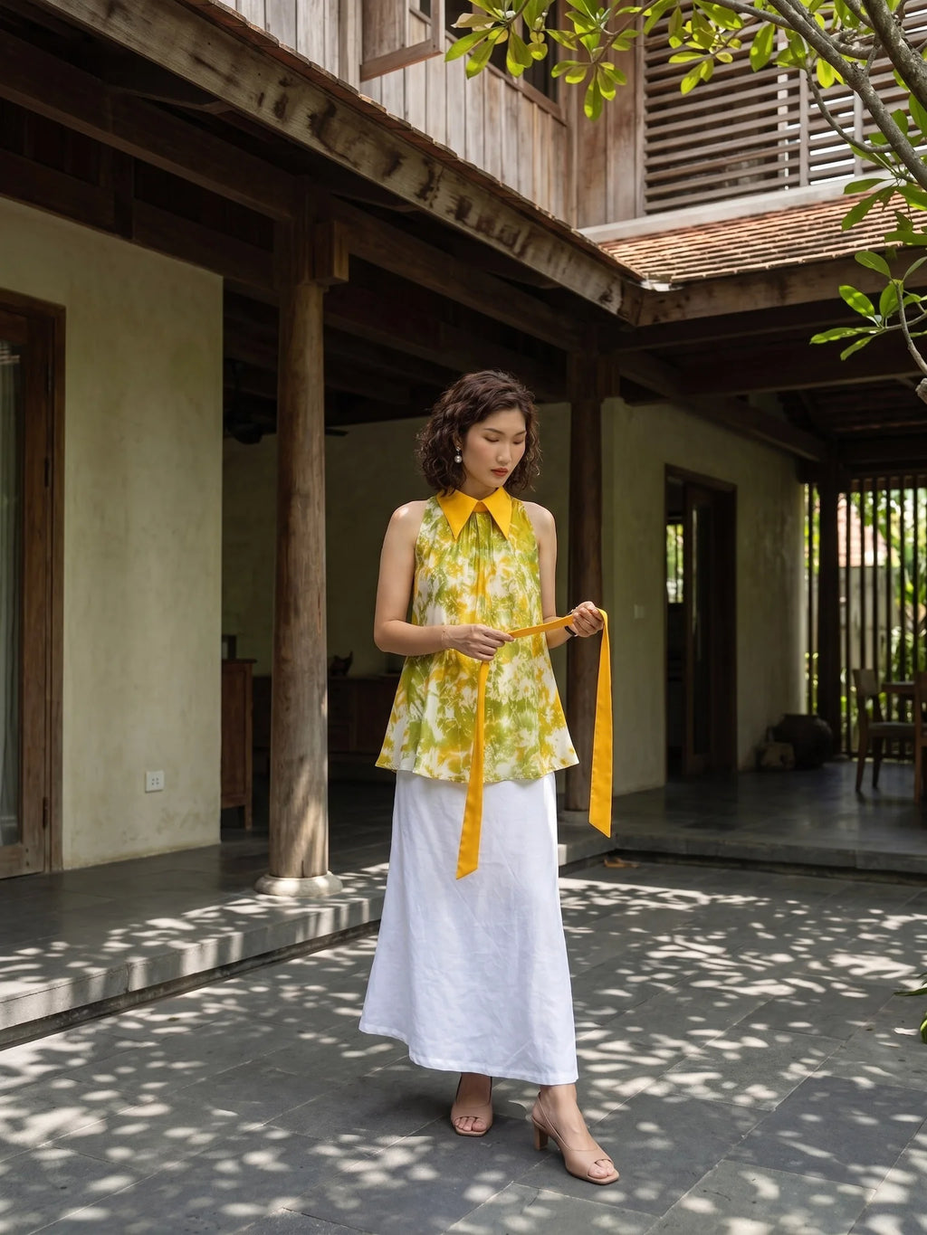 Áo hở vai cổ sơ mi halter neck lụa nhuộm loang tiedye thời trang Hity