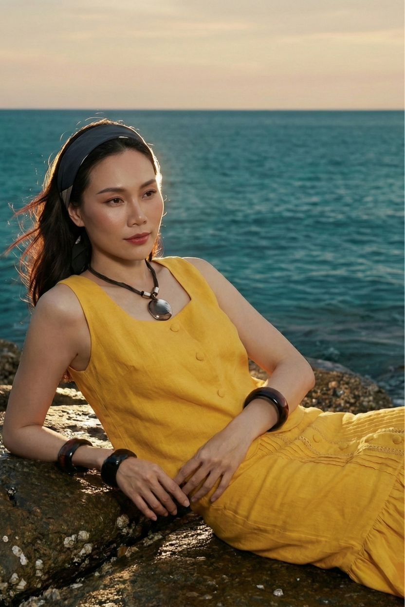 Áo croptop cổ vuông linen vàng thời trang Hity