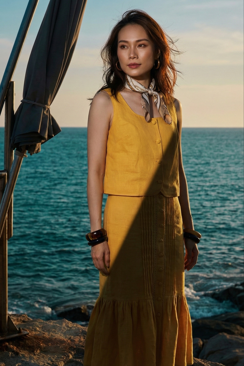 Áo croptop cổ vuông linen vàng thời trang Hity